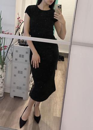 Платье черная миди длинное твидовое элегантное mango классическое с коротким рукавом xs стиль old money1 фото
