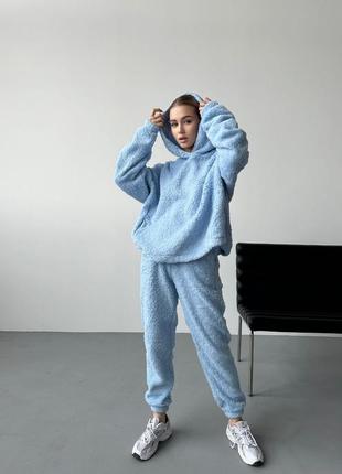 Костюм тедди спортивный теплый брючный комплект голубой брюки джоггеры кофта худи свитер туника из искусственного меха с капюшоном пижама для дома