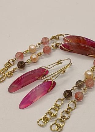 Комплект "рожеві сни" 2 браслети і сережки з агату, раухтопазу, халцедону, річкових перлин. браслет з натурального каміння3 фото