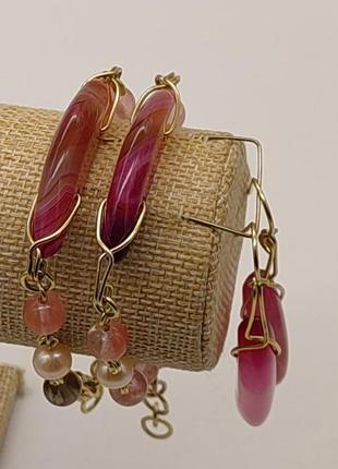 Комплект "рожеві сни" 2 браслети і сережки з агату, раухтопазу, халцедону, річкових перлин. браслет з натурального каміння4 фото