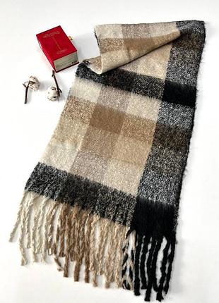 Теплый шарф в клетку объемный (черный/бежевый)