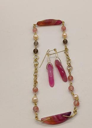 Комплект "рожеві сни" 2 браслети і сережки з агату, раухтопазу, халцедону, річкових перлин. браслет з натурального каміння7 фото