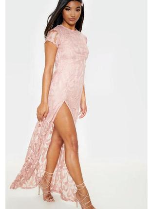 Длинное ажурное розовое платье с разрезом prettylittlething2 фото