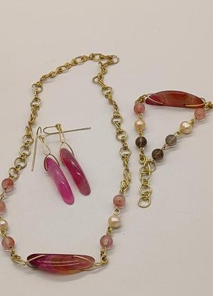 Комплект "рожеві сни" 2 браслети і сережки з агату, раухтопазу, халцедону, річкових перлин. браслет з натурального каміння8 фото