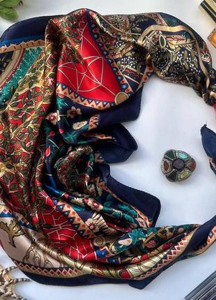 Дизайнерська хустка "червоно-синій орнамент" від бренда my scarf, прикрашена натуральним каменем