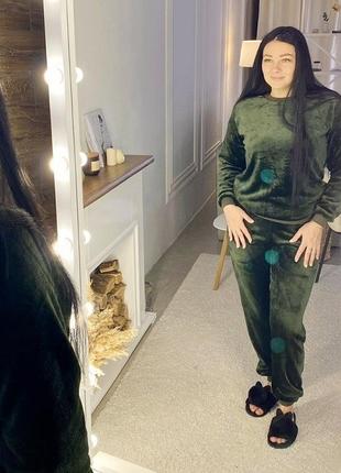 Жіноча піжама махрова тепла кофта з однотонна брюками зелений 44-56 р.