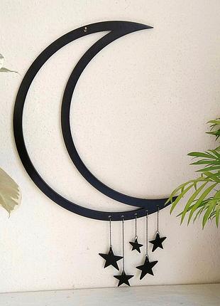 Настенный декор луна с подвесными звездами из дерева в серебянном цвете