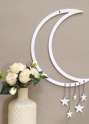 Настенный декор луна с подвесными звездами из дерева в серебянном цвете