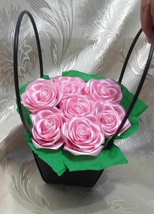 Букет из 7 розовых роз 🌹 из атласных лент