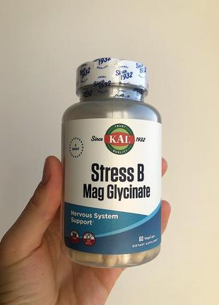 Kal, stress b mag glycinate, гліцинат магнію та вітаміни групи b для боротьби зі стресом, 60 капсул, магній гліцинат, айхерб