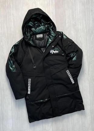 Подростковая зимняя черная куртка для мальчиков теплая непромокаемая удлиненная парка...