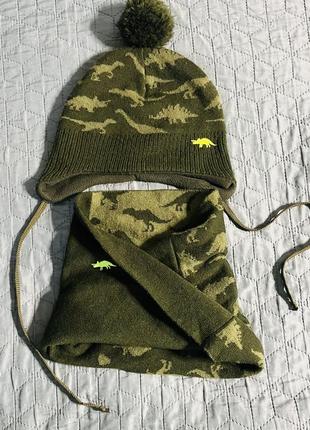 Комплект осінній шапка шарф, снуд h&m з динозаврами
