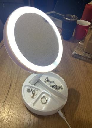 Дзеркало для макіяжу кругле двостороннє із збільшуваною стороною з led світлодіодами на батарейках аа або від мережі