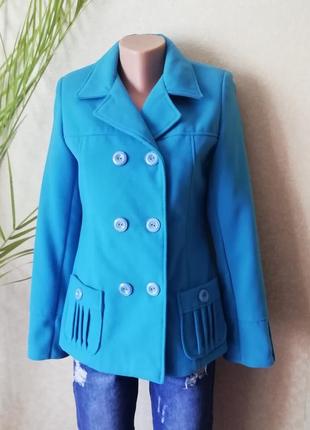Нове голубе коротке пальто для дівчат, півпальто на гудзиках з накладними кишенями, 44 розмір5 фото