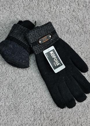 Рукавички чоловічі корона теплі вовняні подвійні чорні3 фото