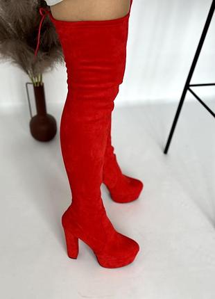 Жіночі ботфорти червоні замшеві замша стрейч демісезонні на високих підборах на...