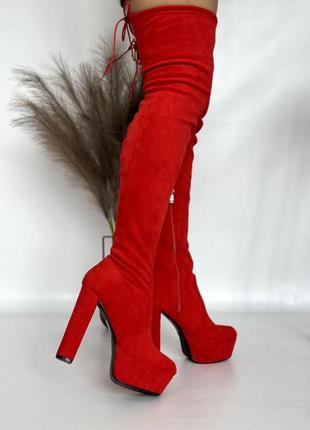 Жіночі ботфорти червоні замшеві замша стрейч демісезонні на високих підборах на...