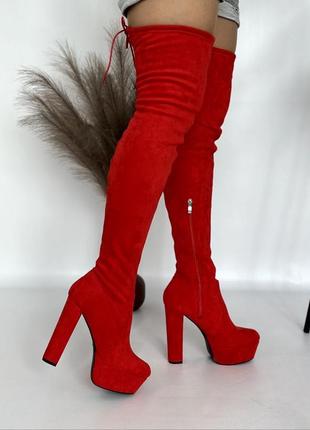 Жіночі ботфорти червоні замшеві замша стрейч демісезонні на високих підборах на...