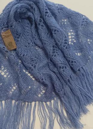 Шарф, шаль, палантин ручноi роботи, ажурний, з люрексом, колiр синьо-голубий, 48*96