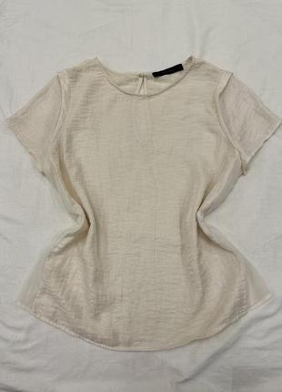 Zara женская белая сияющая футболка, шифоновая молочная блуза с люрексом, легкая деловая офисная футболка, размер m/l