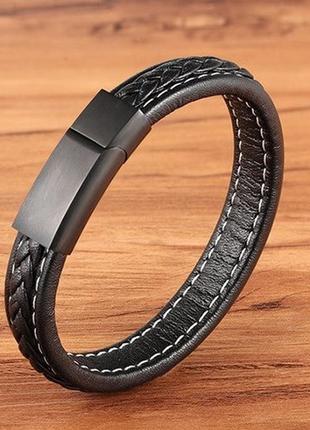 Браслет мужской кожаный на руку черный