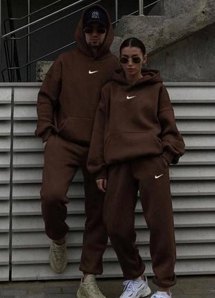 Костюм спортивний фемілі лук теплий на флісі оверсайз худі з капішоном з кишенею штани на високій посадці якісний стильний шоколад