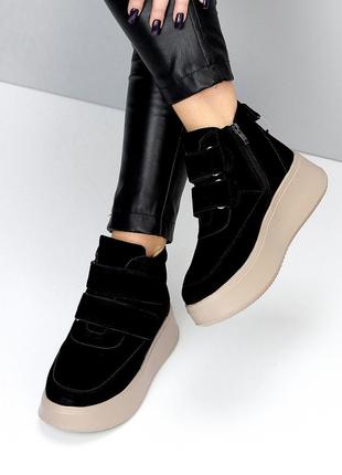Жіночі черевики замшеві на платформі танкетці зимові черевики теплі на хутрі натуральний