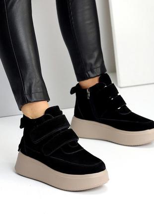 Жіночі черевики замшеві на платформі танкетці зимові черевики теплі на хутрі натуральний