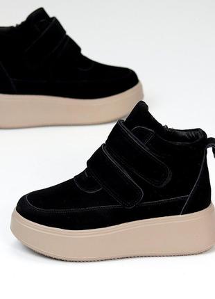 Жіночі черевики замшеві на платформі танкетці зимові черевики теплі на хутрі натуральний