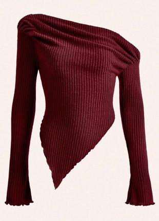 Кофта женская в рубчик однотонная асимметричная на длинный рукав с спущенными плечами качественная стильная бордовая белая