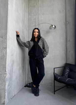 Спортивный костюм женский теплый двухсторонний флис полар 42-48 черный+леопардовый принт