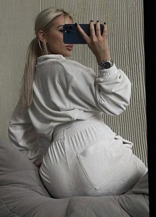 Костюм велюр палаццо клеш молочний білий висока посадка