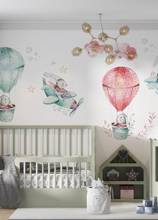 Интерьерные большие наклейки для детской с зайчиками и воздушными шарами 180х120 см