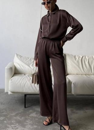 Костюм жіночий шовковий оверсайз сорочка штани на високій посадці з кишенями якісний стильний трендовий шоколад