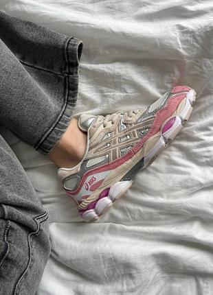Asics gel nyc grey/pink женские кроссовки замшевые текстильные розовые серые бежевые