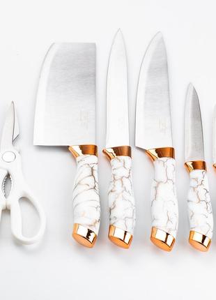 Набір кухонних ножів 5 штук + ножиці на підставці білий2 фото
