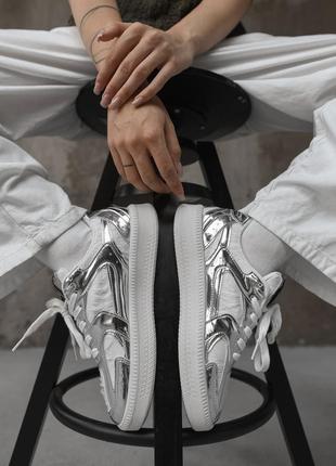 Жіночі кросівки кеди білі блискучі срібні текстильні з шкіряними вставками
