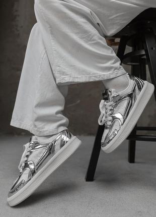 Жіночі кросівки кеди білі блискучі срібні текстильні з шкіряними вставками