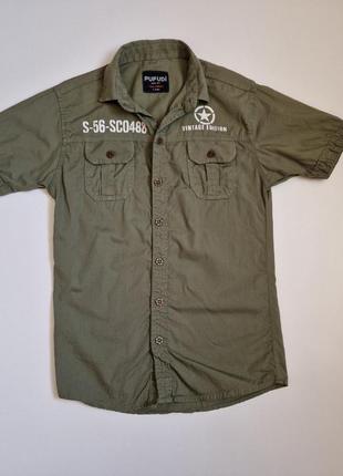 Рубашка мальчику в стиле милитари хаки pufudi короткий рукав military оливка военный стиль принт5 фото