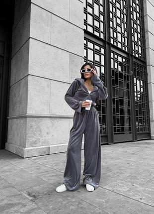 Женский велюровый костюм качество премиум широкие штаны и худи cartel серо лиловый