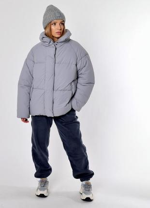 Серый молодежный короткий пуховик, пуффер x-woyz оверсайз на искусственном пуху