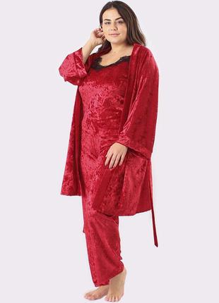 Пижама 4 в 1 женская велюровая с халатом супер батал!