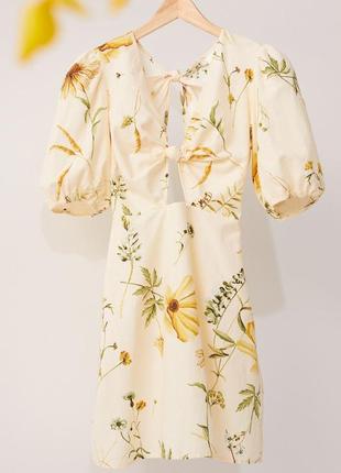 Платье узлы вырезы на спине с цветочным принтом рукава фонарики лен пышное4 фото