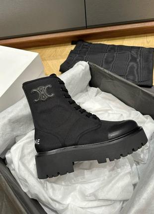 Женские черные кожаные и нейлоновые сапоги celine  ботинки селин на высокой подошве
