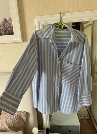 Рубашка рубашка зара zara голубая в белую полоску оверсайз