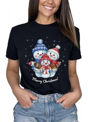 Футболка черная с принтом снеговики merry christmas размер м 100% хлопок