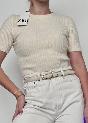 Топ с шерстью zara в рубчик молочного цвета вязаный, кофта на короткий рукав