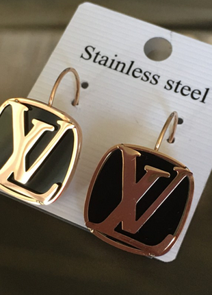 Сережки медсталь, уцінка, позолочені, у стилі луї вітон, stainless steel, позолота