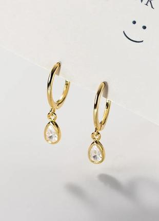 Серьги серебро позолота 18 к капельки прозрачные