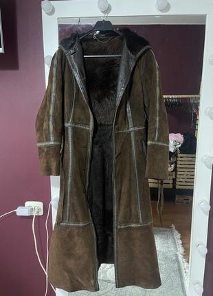 Дубленка длинная винтажная из натуральной замши и меха с капюшоном